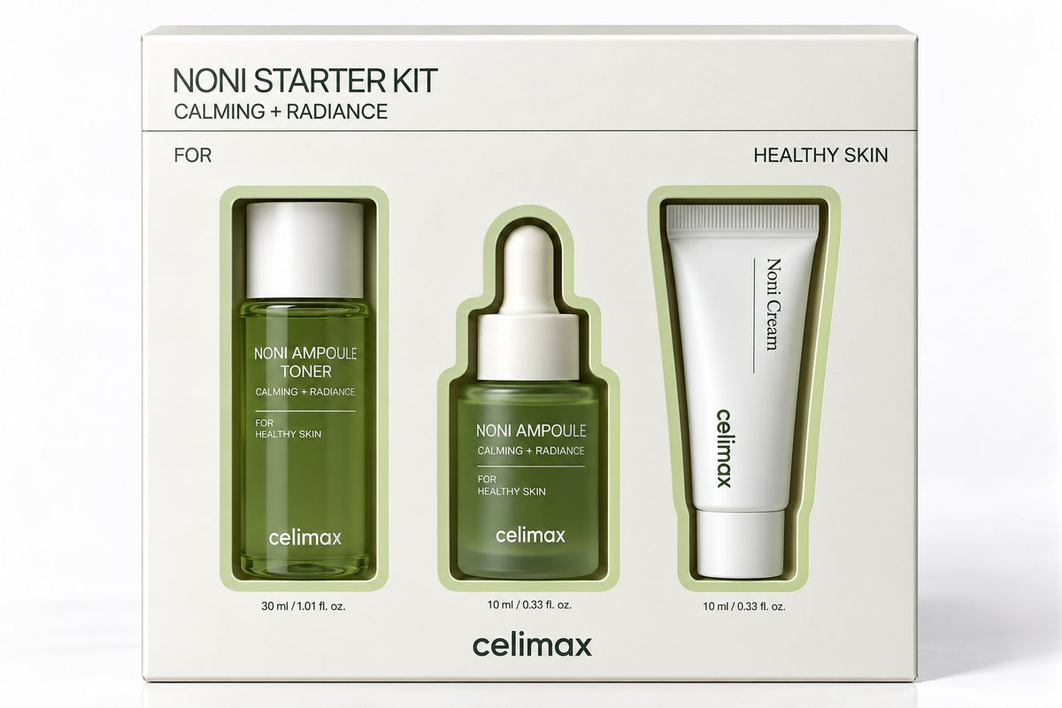 Coffret Celimax Noni Starter Kit avec toner, ampoule et crème miniatures sur fond blanc