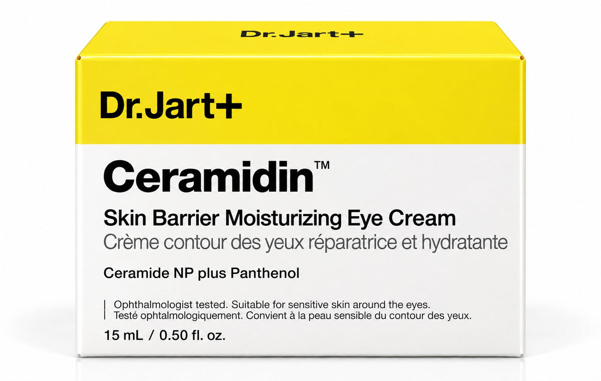 Tube Dr.Jart+ Ceramidin Skin Barrier Moisturizing Eye Cream 15 ml et sa boîte sur fond blanc