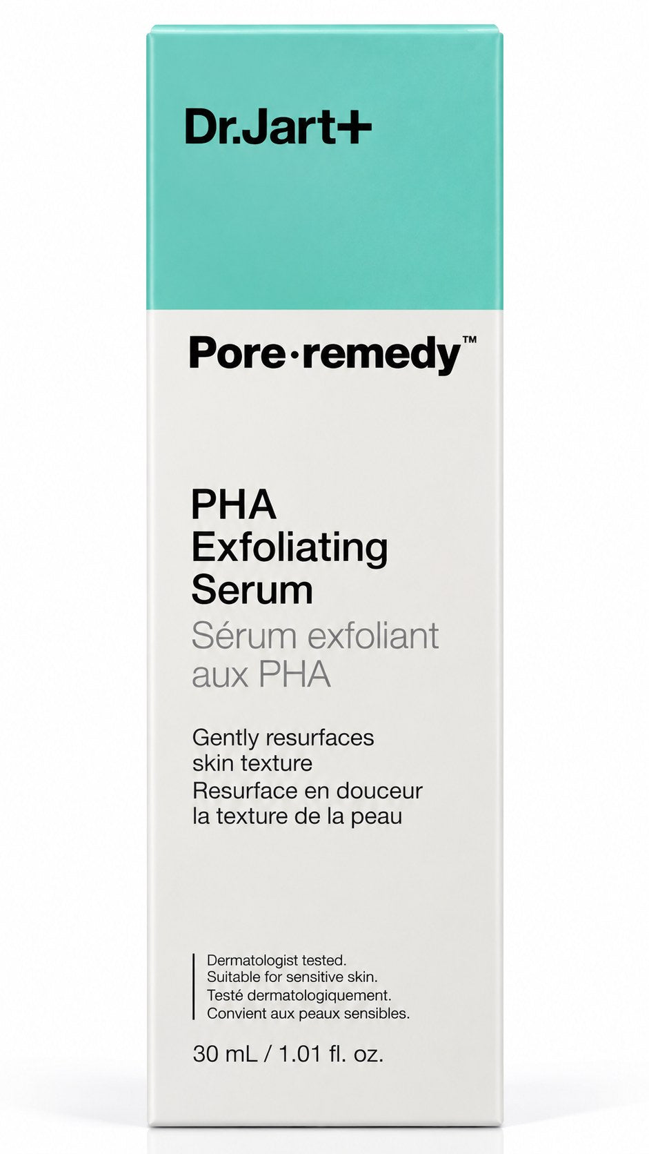 Flacon Dr.Jart+ Pore Remedy PHA Exfoliating Serum 30 ml et sa boîte sur fond blanc