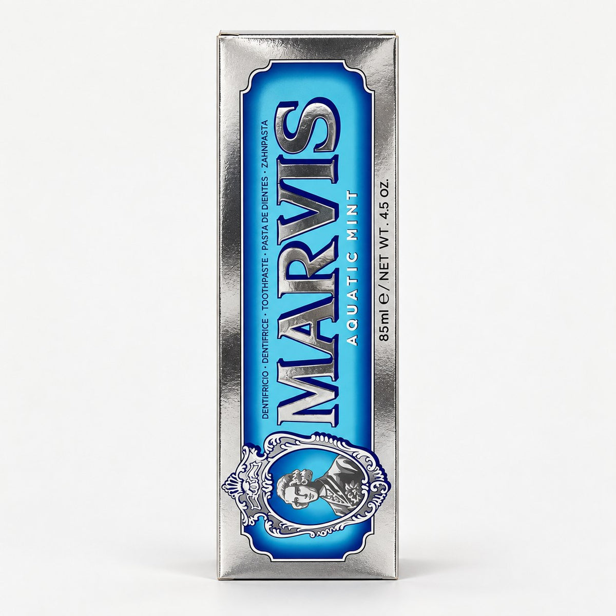 Tube de dentifrice Marvis Aquatic Mint 85 ml sur fond blanc
