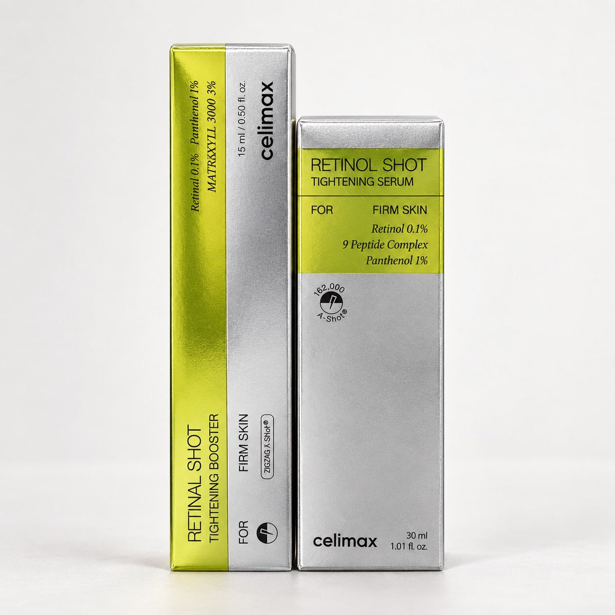 Pack Celimax : Retinal Shot Tightening Booster et Retinol Shot Tightening Serum sur fond blanc