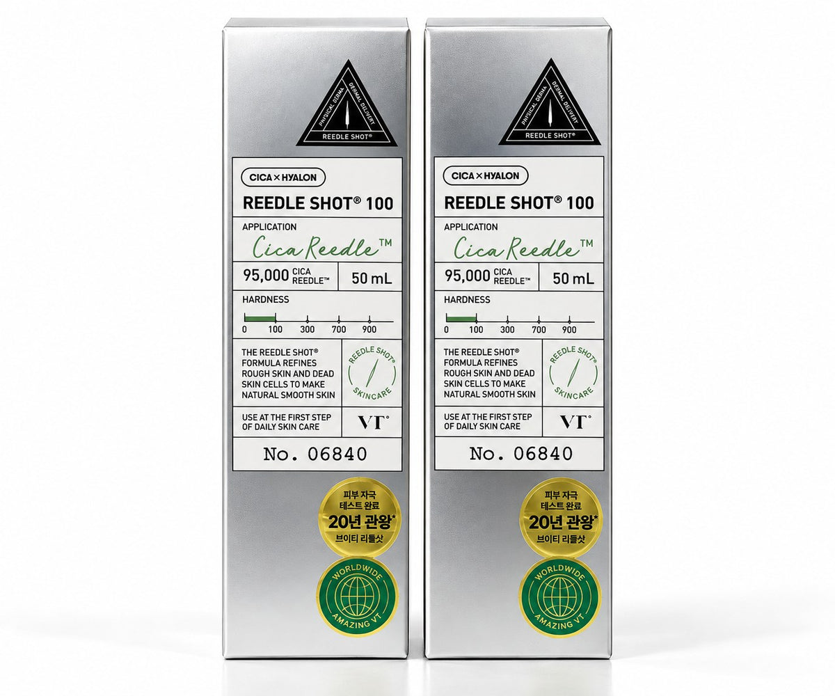 Flacon et boîte VT Cosmetics Cica Reedle Shot 100 sérum 50 ml sur fond blanc
