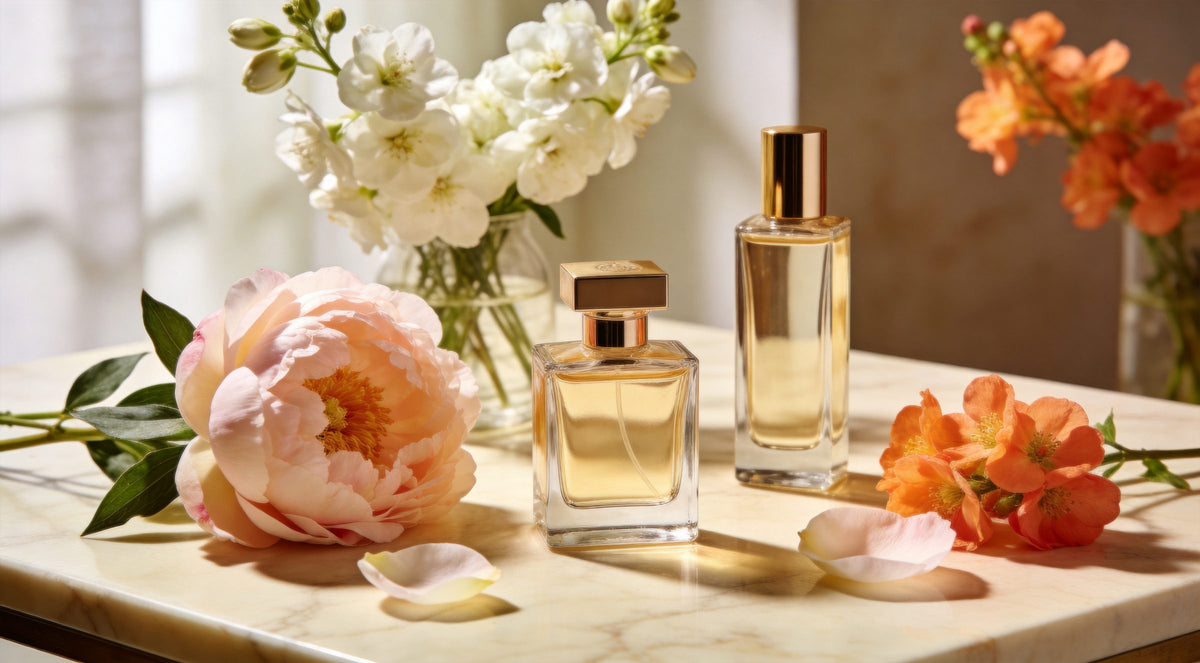Flacons de parfum entourés de pivoines et de fleurs de printemps – parfums les plus complimentés