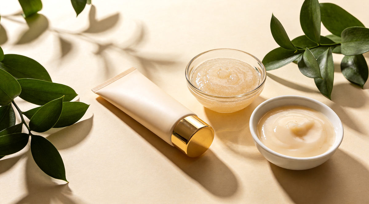 Tube de soin et coupelles de gel exfoliant doux avec feuilles vertes – peeling éclat PHA