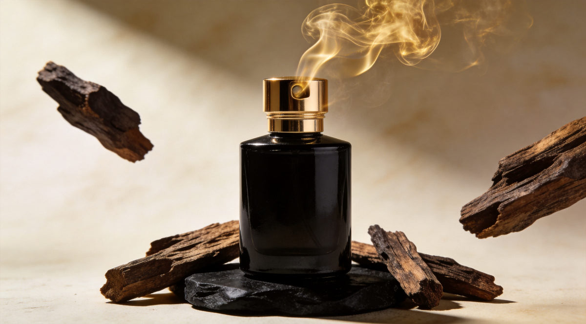 Flacon de parfum noir entouré de morceaux de bois de oud et de fumée dorée – parfum oud