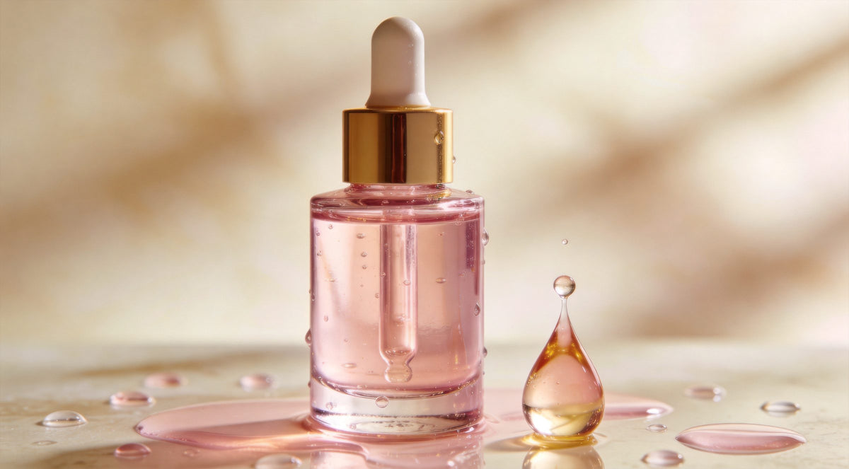 Flacon de sérum rosé avec pipette et goutte brillante – sérum régénérant au PDRN