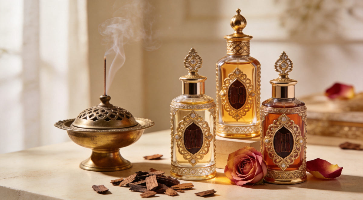 Flacons de parfum orientaux dorés, bois de oud et brûle-encens – tendances des parfums arabes 2026