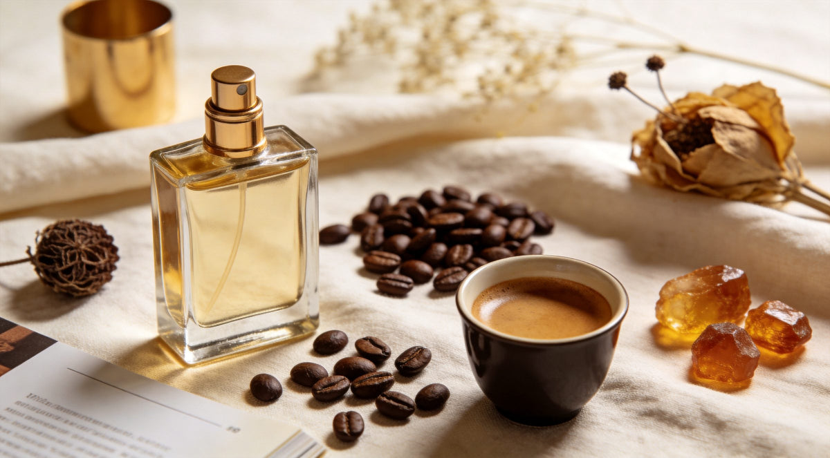 Flacon de parfum, grains de café, expresso et résine d'ambre – tendances parfumées 2026