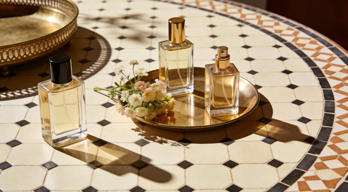Flacons de parfum sur une table en zellige marocain avec plateau en laiton – tendances parfumerie 2026