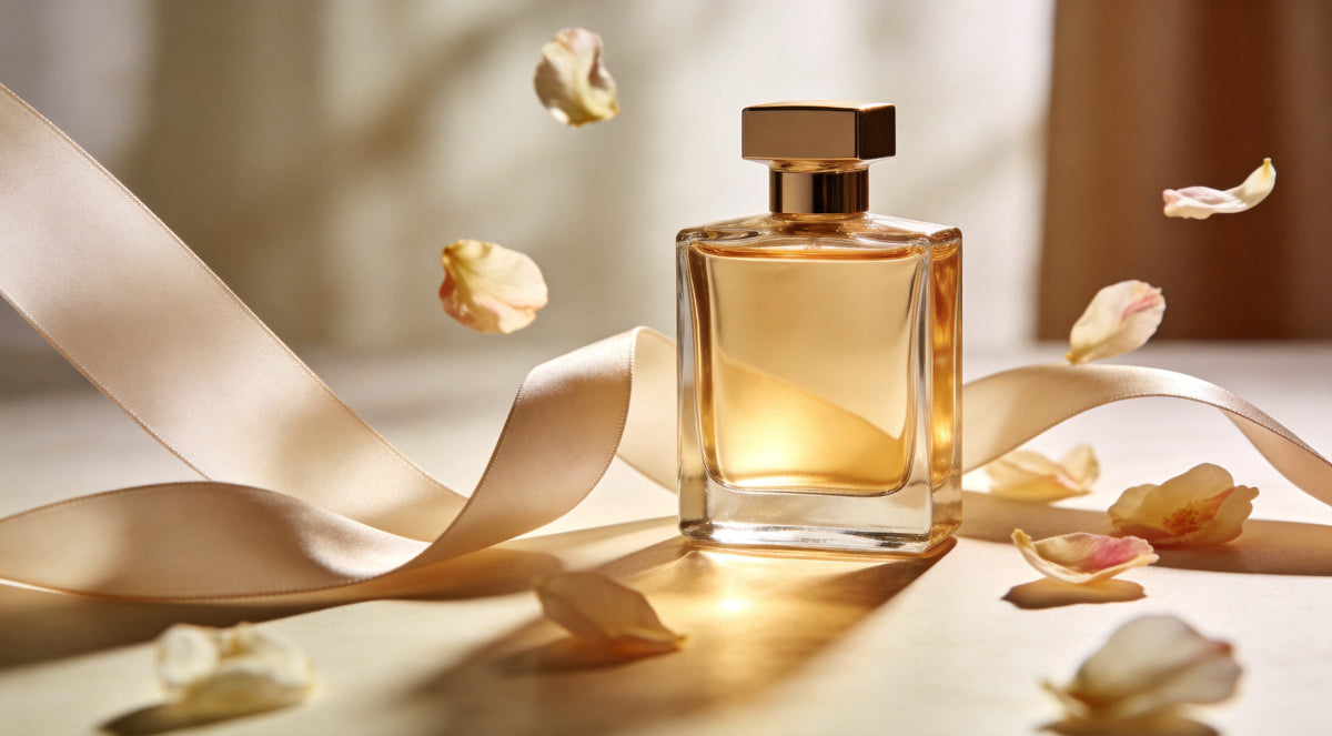 Flacon de parfum doré, ruban de soie et pétales de fleurs – parfums les plus complimentés en 2026