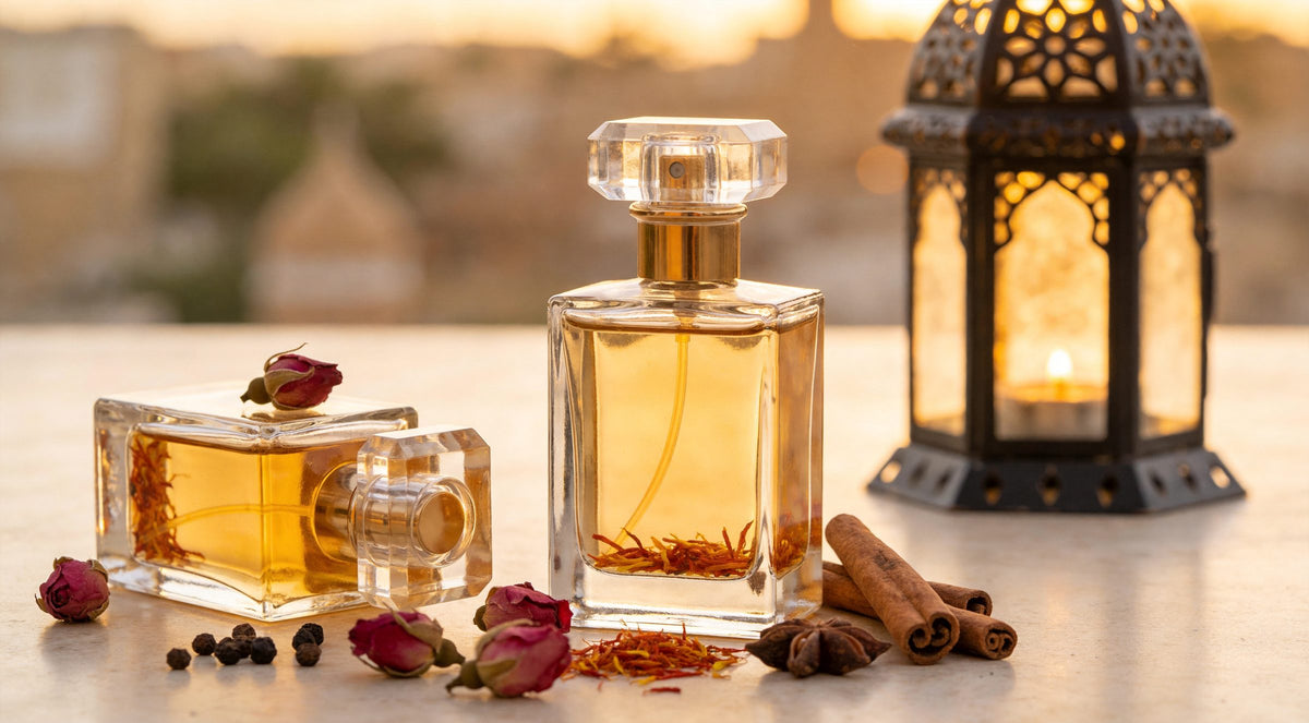 Parfums orientaux, safran, boutons de rose, épices et lanterne marocaine – essor des parfums orientaux
