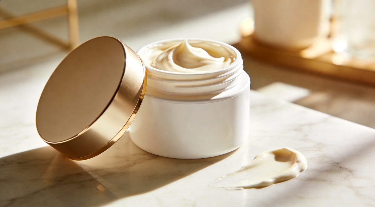 Pot de crème éclaircissante ouvert sur un plan en marbre – soin éclat du teint