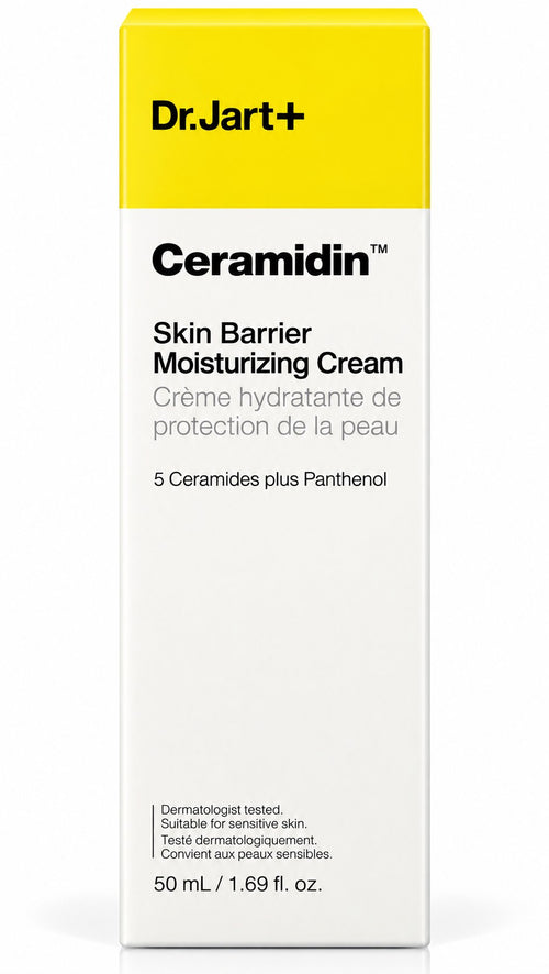 Pot Dr.Jart+ Ceramidin Skin Barrier Moisturizing Cream 50 ml et sa boîte sur fond blanc