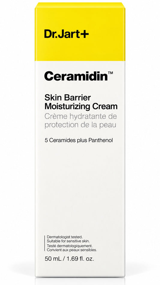Pot Dr.Jart+ Ceramidin Skin Barrier Moisturizing Cream 50 ml et sa boîte sur fond blanc