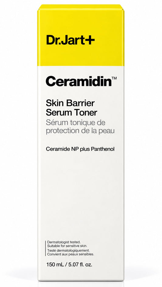 Flacon Dr.Jart+ Ceramidin Skin Barrier Serum Toner 150 ml et sa boîte sur fond blanc