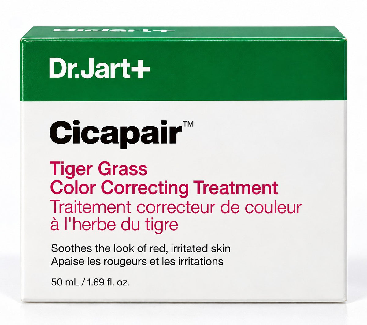 Pot Dr.Jart+ Cicapair Tiger Grass Color Correcting Treatment 50 ml et sa boîte sur fond blanc