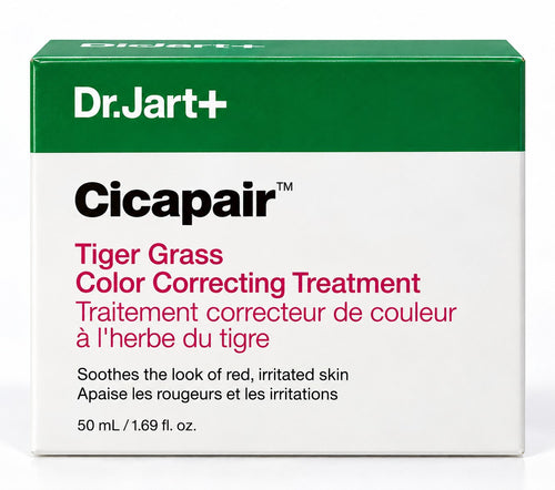 Pot Dr.Jart+ Cicapair Tiger Grass Color Correcting Treatment 50 ml et sa boîte sur fond blanc