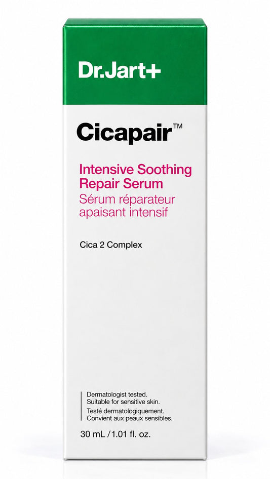 Flacon Dr.Jart+ Cicapair Intensive Soothing Repair Serum 30 ml et sa boîte sur fond blanc