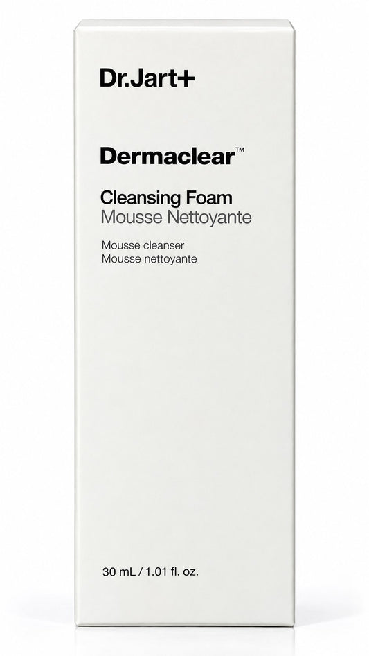 Mini tube Dr.Jart+ Dermaclear Cleansing Foam 30 ml format voyage sur fond blanc