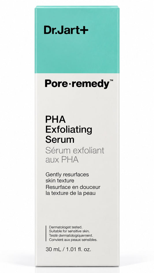 Flacon Dr.Jart+ Pore Remedy PHA Exfoliating Serum 30 ml et sa boîte sur fond blanc