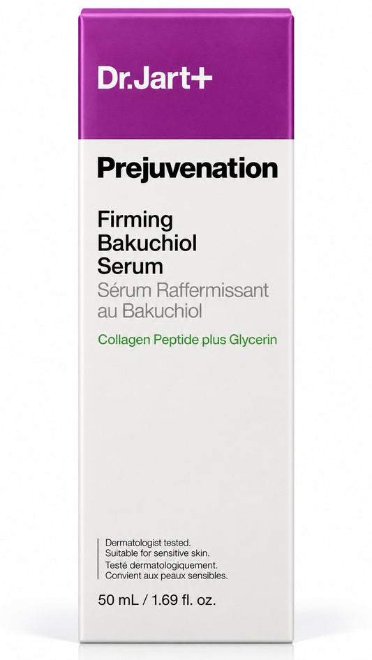Flacon Dr.Jart+ Prejuvenation Firming Bakuchiol Serum 50 ml et sa boîte sur fond blanc