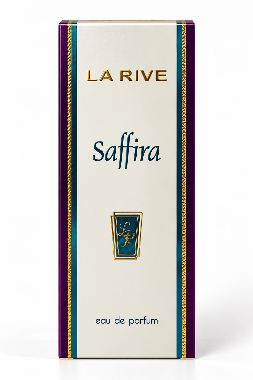 Flacon et boîte de l'eau de parfum La Rive Saffira pour femme sur fond blanc