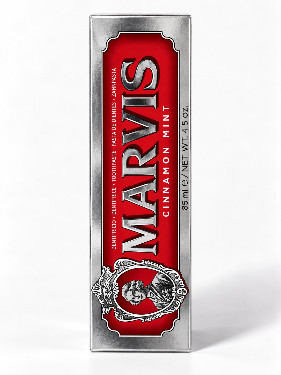 Tube de dentifrice Marvis Cinnamon Mint cannelle menthe 85 ml sur fond blanc