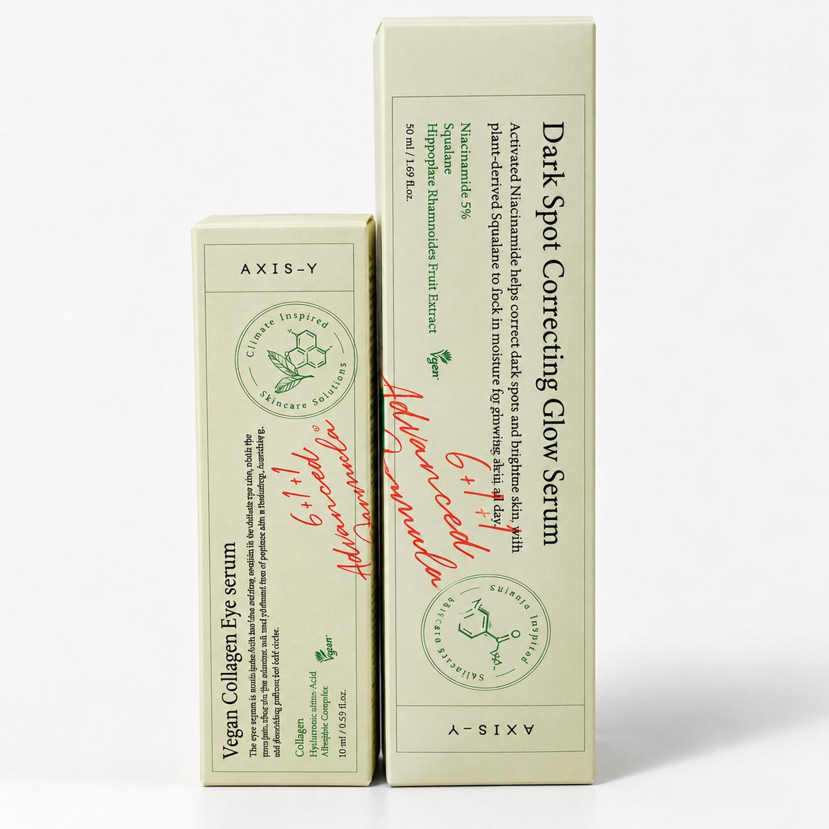 Pack AXIS-Y : Vegan Collagen Eye Serum et Dark Spot Correcting Glow Serum sur fond blanc