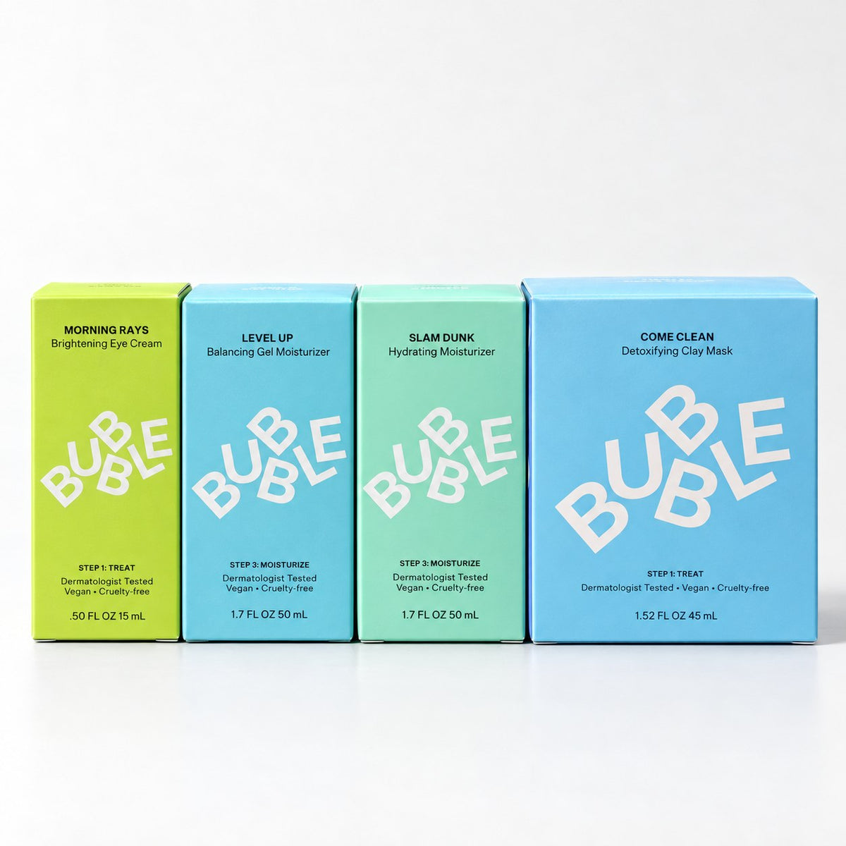 Pack Bubble : Eye Cream, Level Up Gel, Slam Dunk Moisturizer et Come Clean Clay Mask sur fond blanc