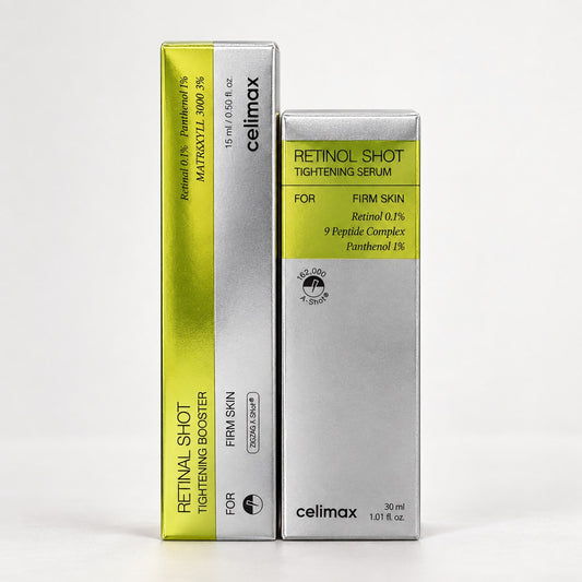 Pack Celimax : Retinal Shot Tightening Booster et Retinol Shot Tightening Serum sur fond blanc