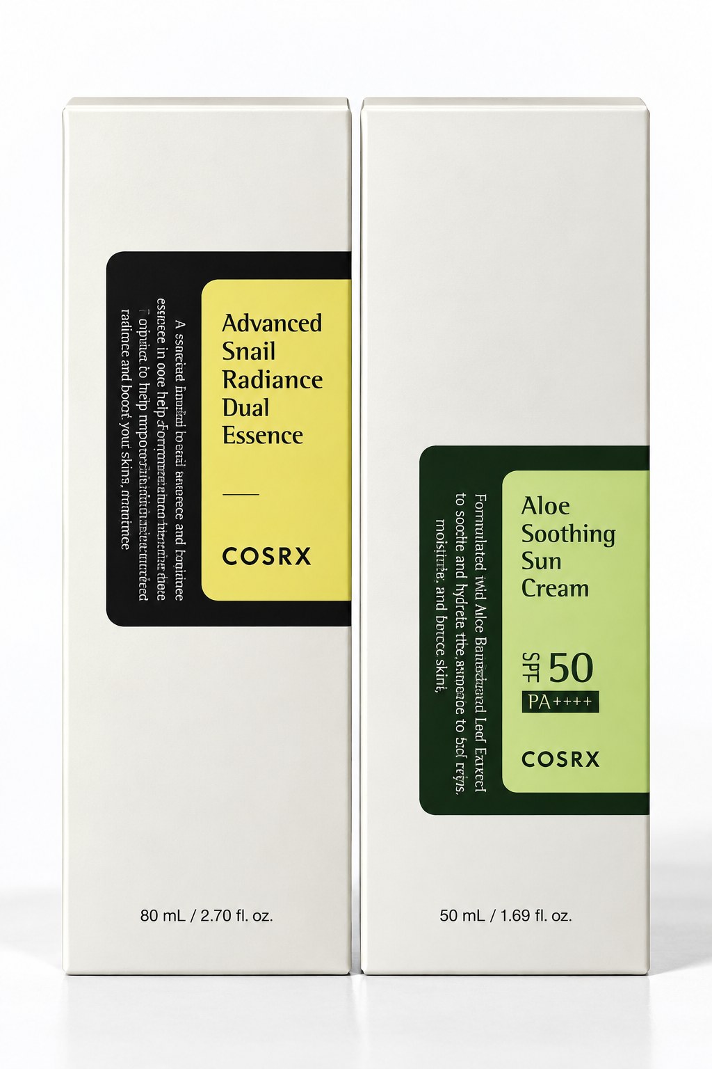 Pack COSRX : Advanced Snail Radiance Dual Essence et Aloe Soothing Sun Cream SPF50 sur fond blanc