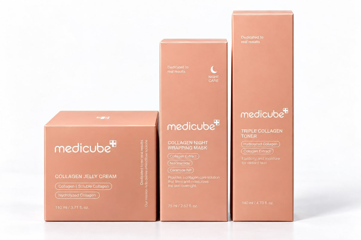 Pack Medicube : Collagen Jelly Cream, Night Wrapping Mask et Triple Collagen Toner sur fond blanc