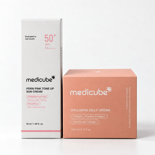 Pack Medicube : PDRN Pink Tone Up Sun Cream SPF50+ et Collagen Jelly Cream sur fond blanc