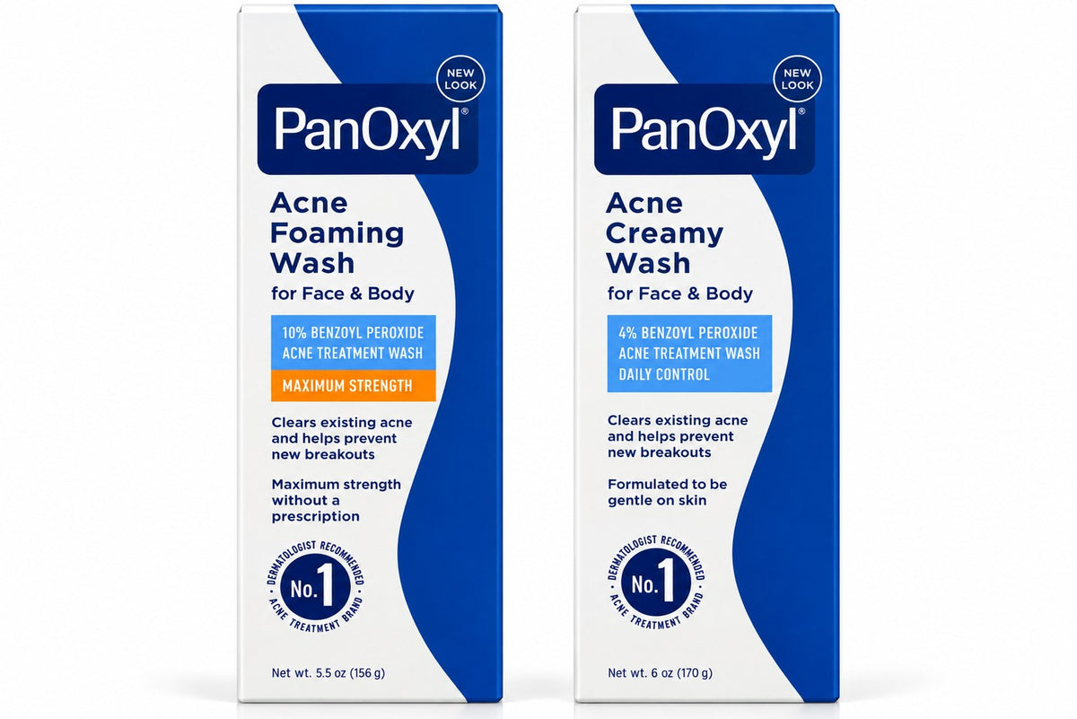 Pack PanOxyl : Acne Foaming Wash 10% et Acne Creamy Wash 4% sur fond blanc