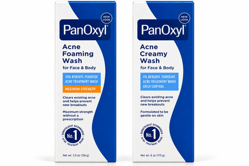 Pack PanOxyl : Acne Foaming Wash 10% et Acne Creamy Wash 4% sur fond blanc