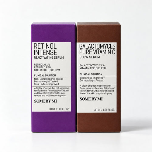 Pack Some By Mi : Retinol Intense Reactivating Serum et Galactomyces Pure Vitamin C Glow Serum sur fond blanc