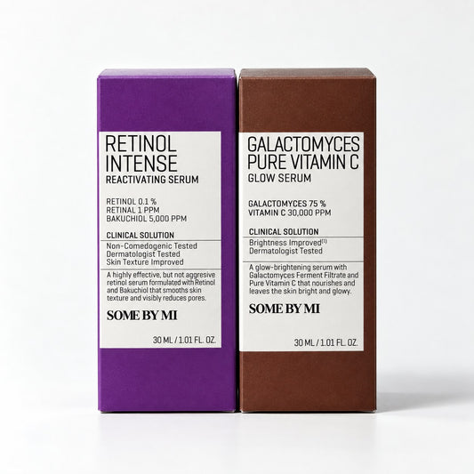Pack Some By Mi : Retinol Intense Reactivating Serum et Galactomyces Pure Vitamin C Glow Serum sur fond blanc