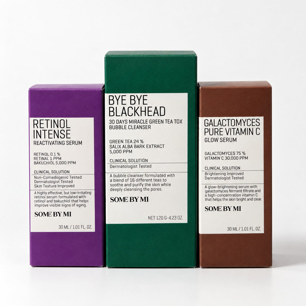 Pack Some By Mi : sérum Retinol Intense, Bye Bye Blackhead Bubble Cleanser et sérum Vitamin C sur fond blanc