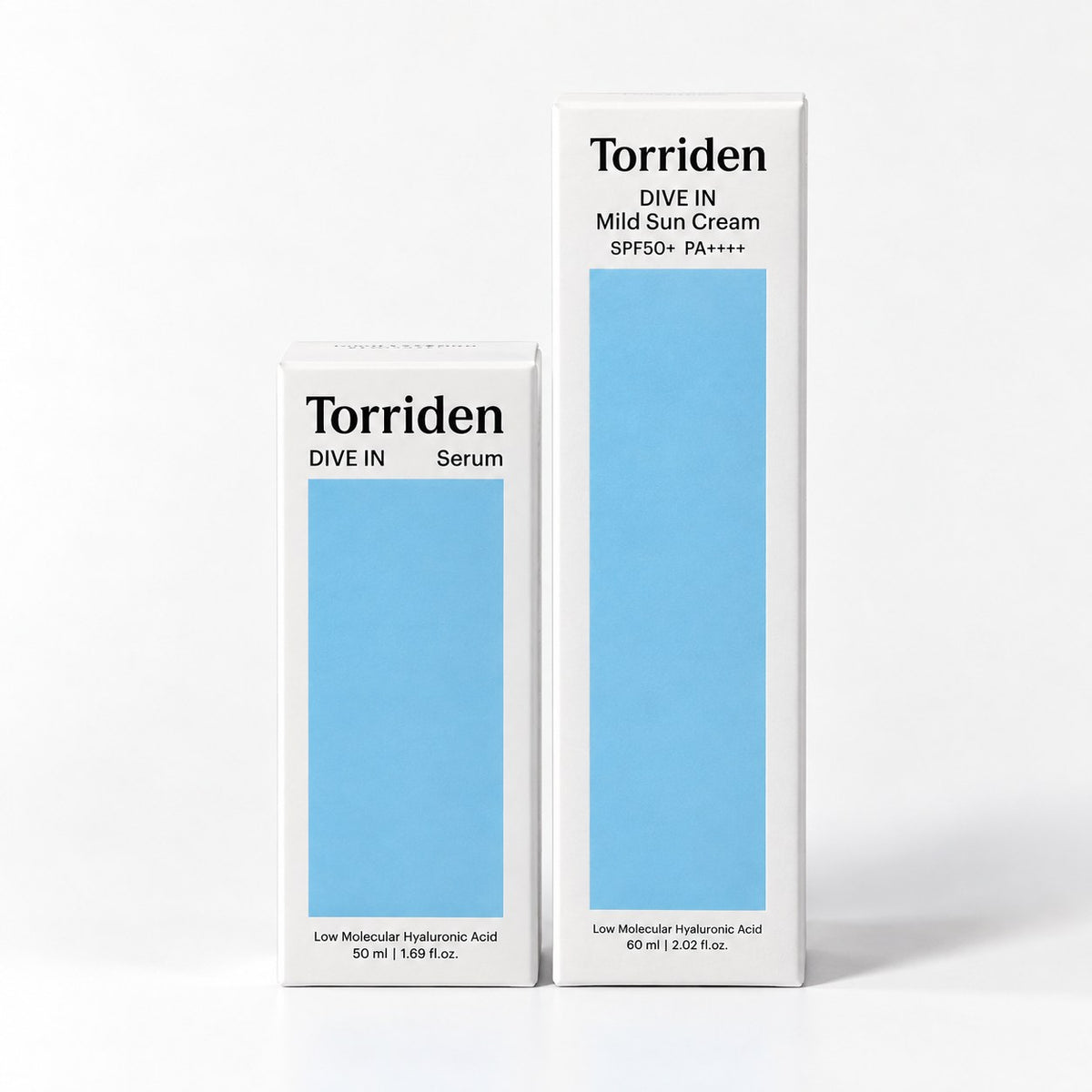 Pack Torriden : Dive-In Hyaluronic Acid Serum et Dive-In Mild Sun Cream SPF50+ sur fond blanc