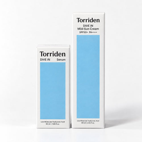 Pack Torriden : Dive-In Hyaluronic Acid Serum et Dive-In Mild Sun Cream SPF50+ sur fond blanc