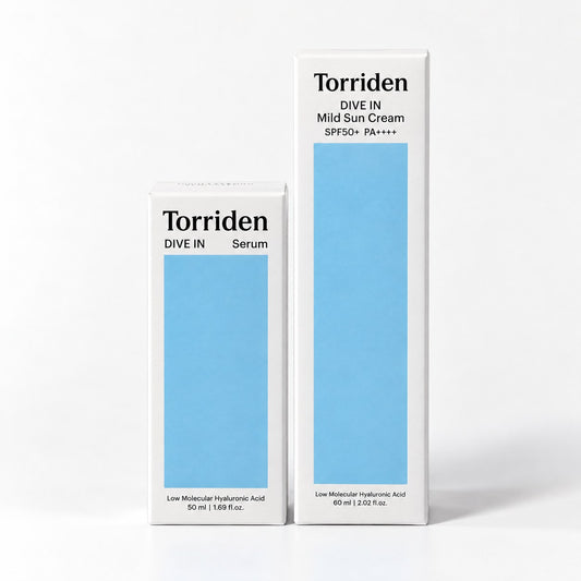 Pack Torriden : Dive-In Hyaluronic Acid Serum et Dive-In Mild Sun Cream SPF50+ sur fond blanc
