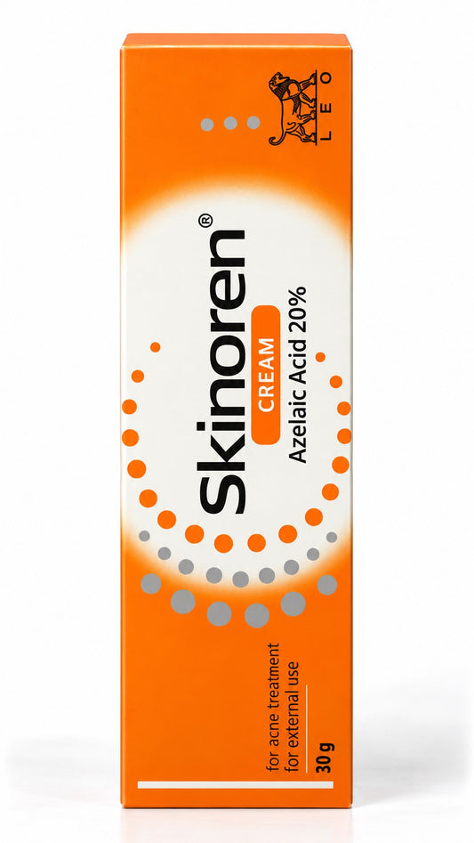 Boîte et tube Skinoren crème acide azélaïque 20% 30 g sur fond blanc